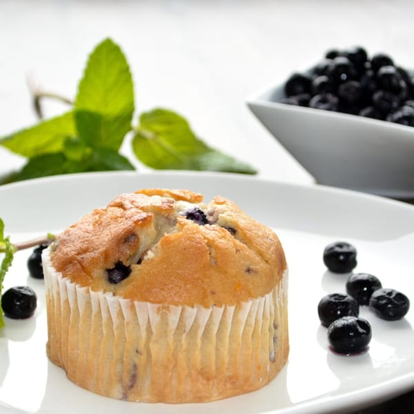 A blueberry muffin in a paper liner on a white plate, with fresh blueberries and mint leaves.