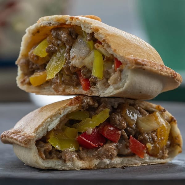 Two Big E Cafe empanadas, sliced open to show savory meat, peppers, and onions inside.